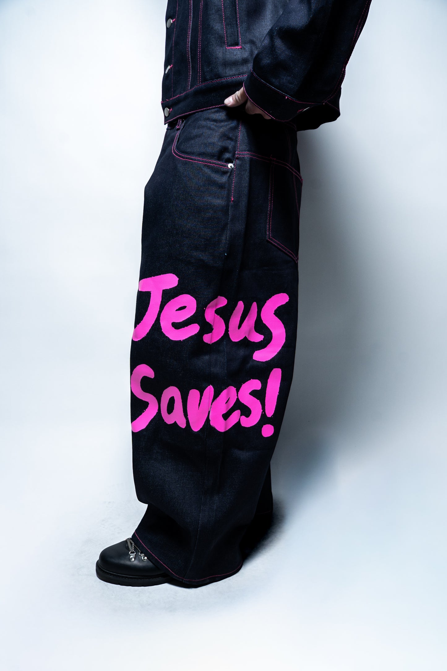 “Jesus Saves” Denim Pants